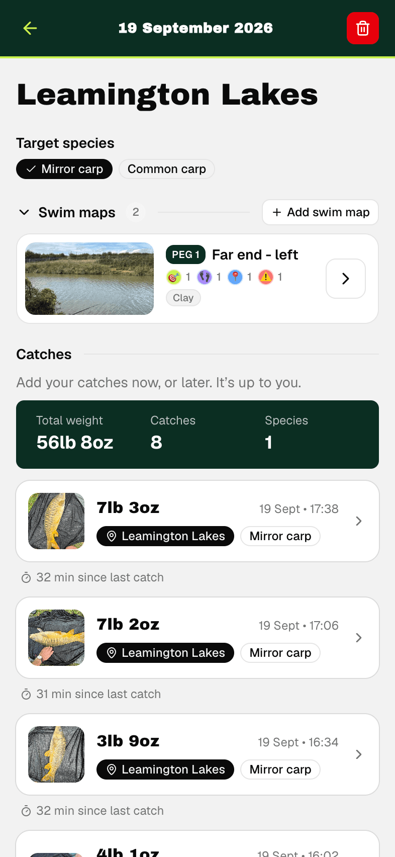 Session detail with catches list