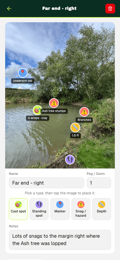 Swim map editor showing annotated peg